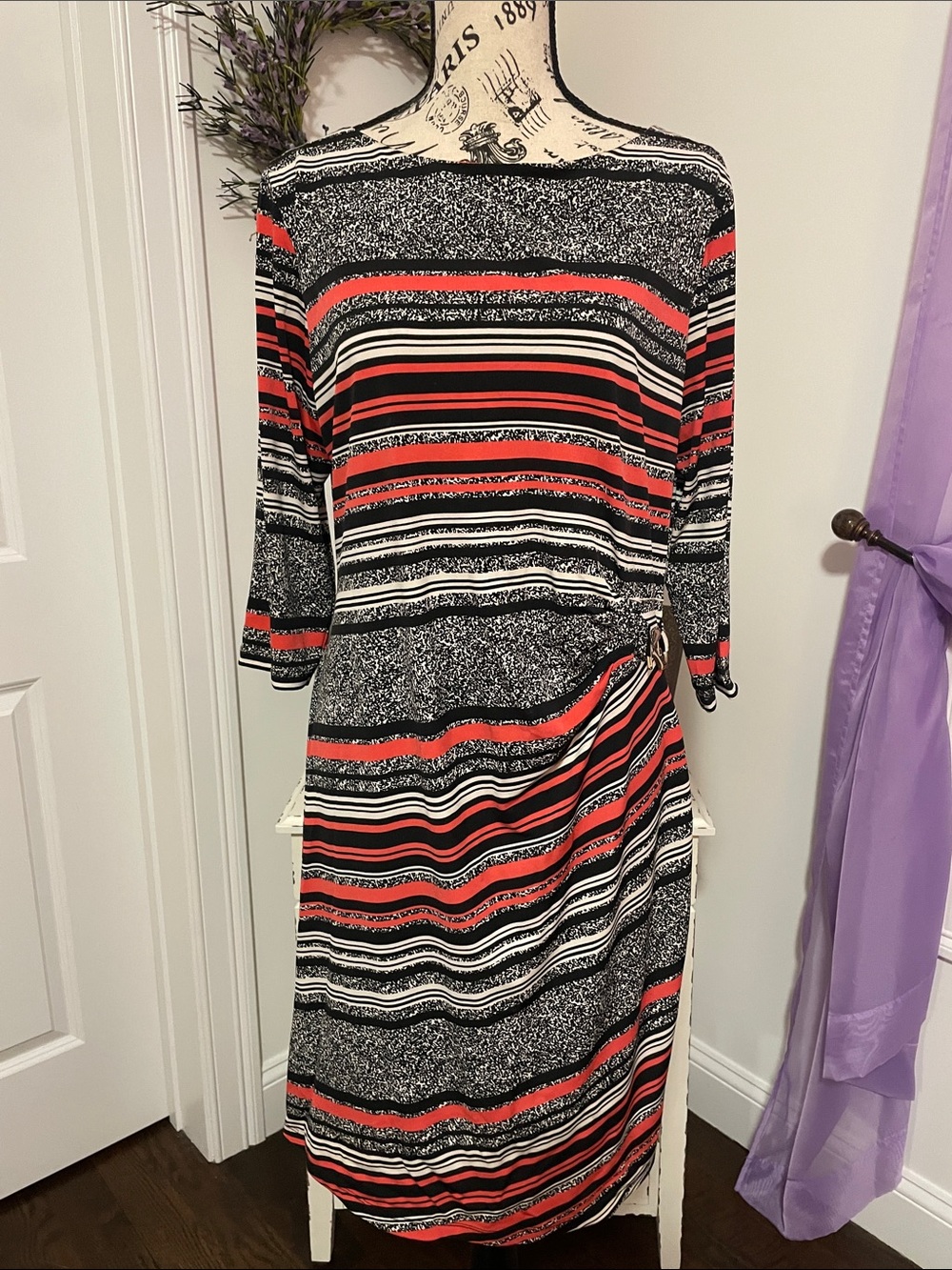 R&K Striped Midi Dress in Black, White & Coral-Red